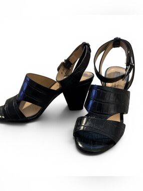 Antonio Melani Black Croc-Embossed Leather Ankle-Strap Sandals 2.5 Heel Size 6M